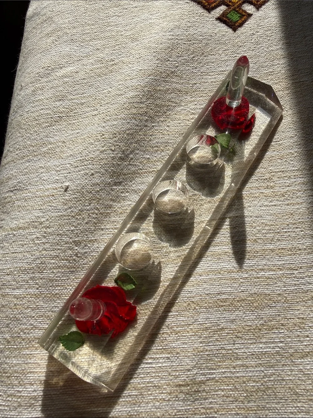 Vintage 70’s Clear plastic Flower ring holder Holder Tray with Red Rose Accents